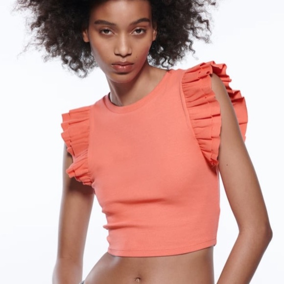 Zara | Tops | Zara Ruffled Sleeve Ribbed Coral Cropped Tshirt Top Sz L  Stretch | Poshmark